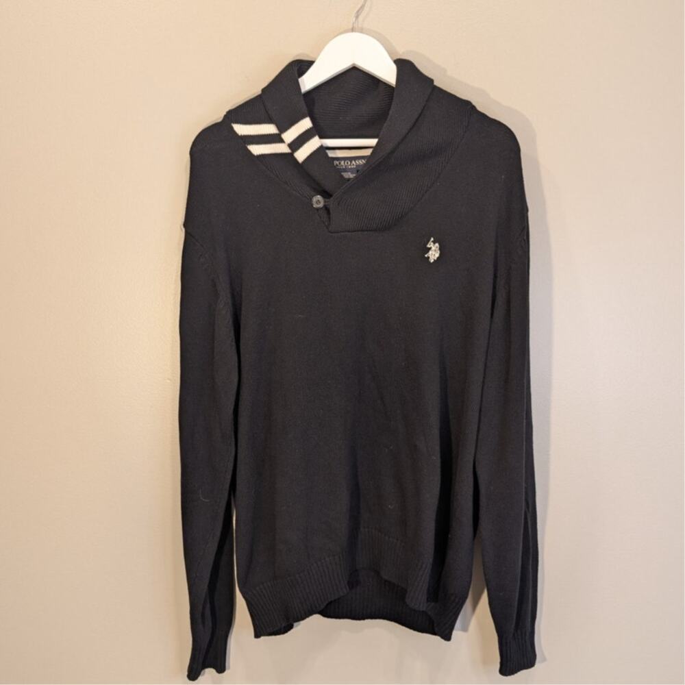 US Polo Assn Sweater Black Shawl Collar Classic Preppy Old Money - Size L